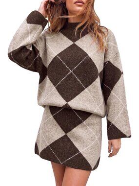 Chic Women's Argyle Sweater Skirt Set | 2-Piece Plaid Knit Outfit for Fall